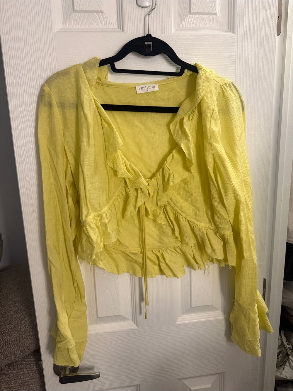 vestique Bright Yellow Ruffle Tie-Front Long Sleeve Top